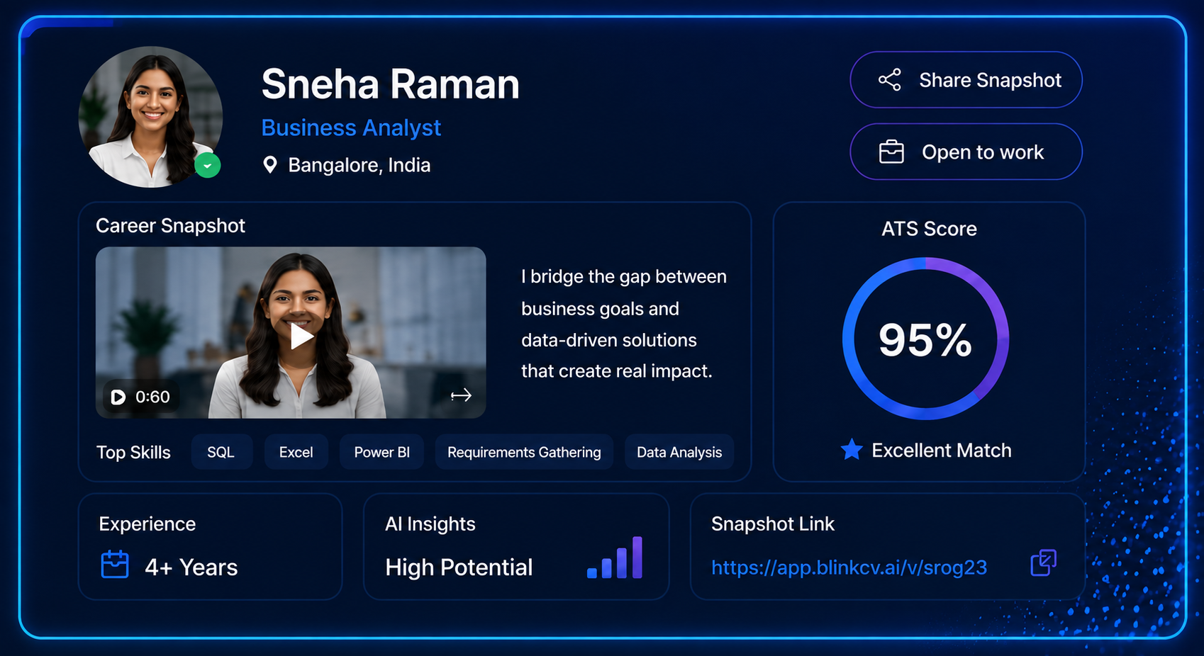 BlinkCV Career Snapshot profile with AI insights and ATS score
